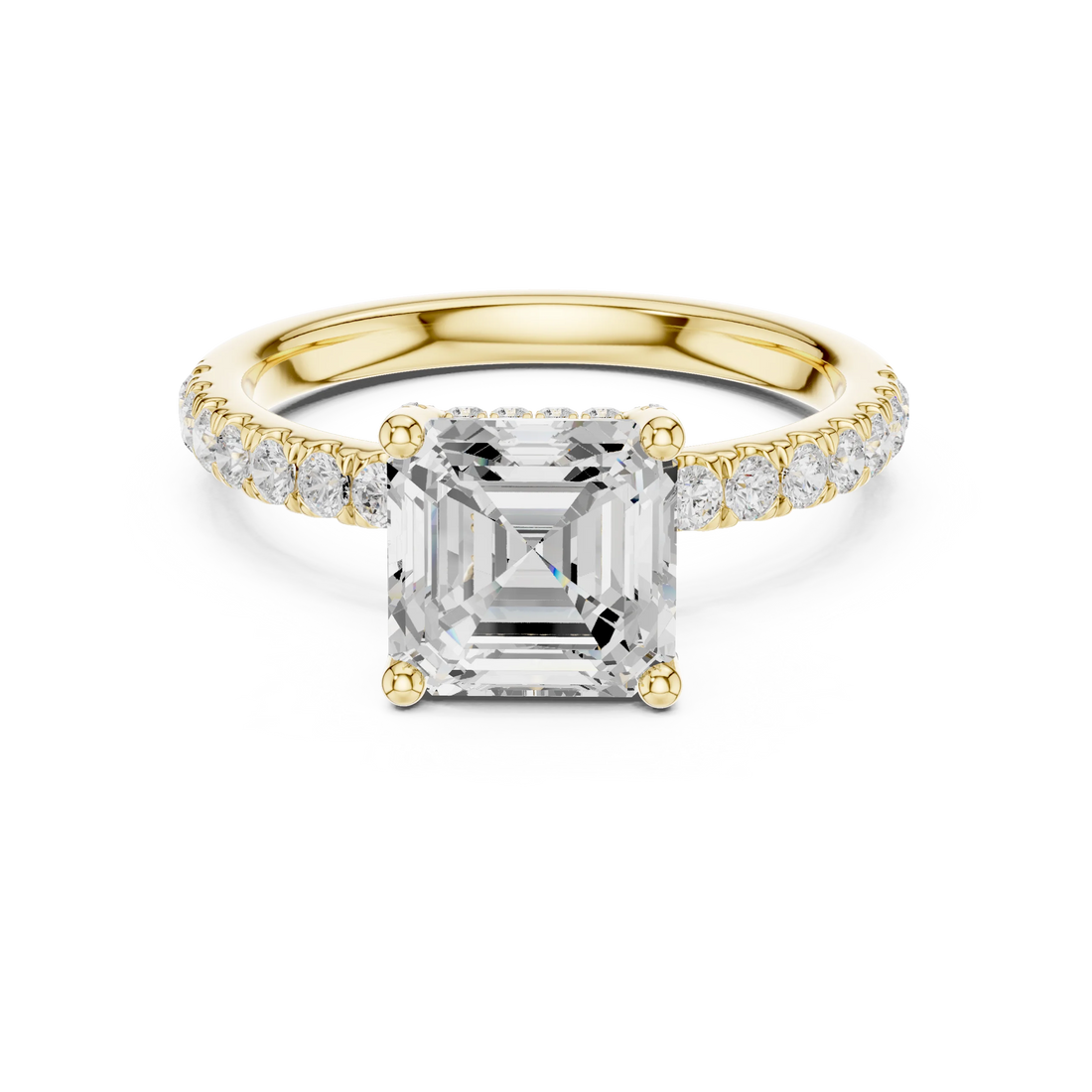 Lab-grown Asscher cut solitaire ring in yellow gold with pavé diamond band