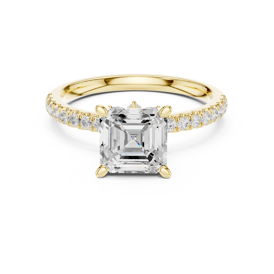 Asscher solitaire ring in yellow gold with pave diamond band and lab-grown diamond – Australia