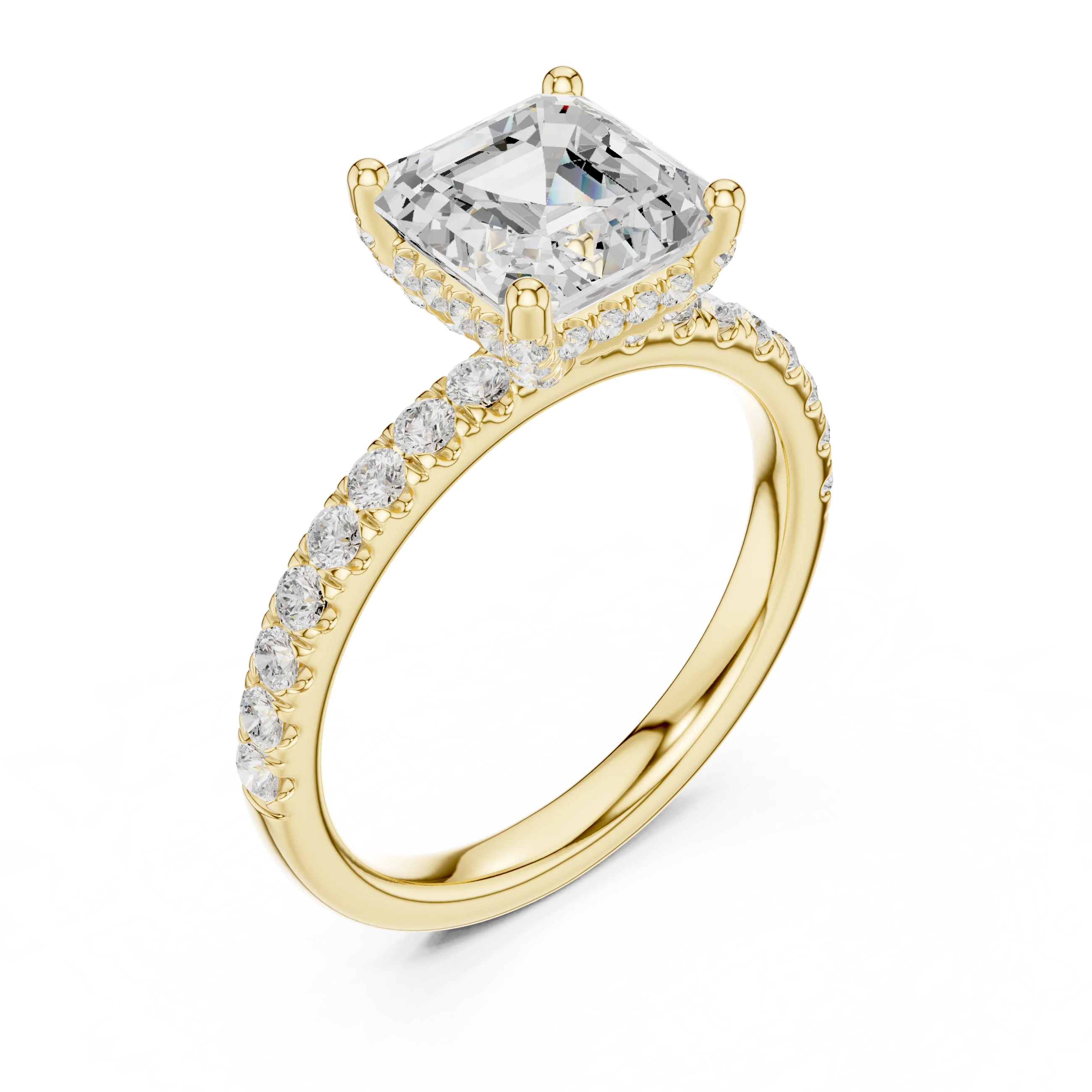 Front view of yellow gold Asscher cut solitaire ring with pavé diamond band and center gemstone