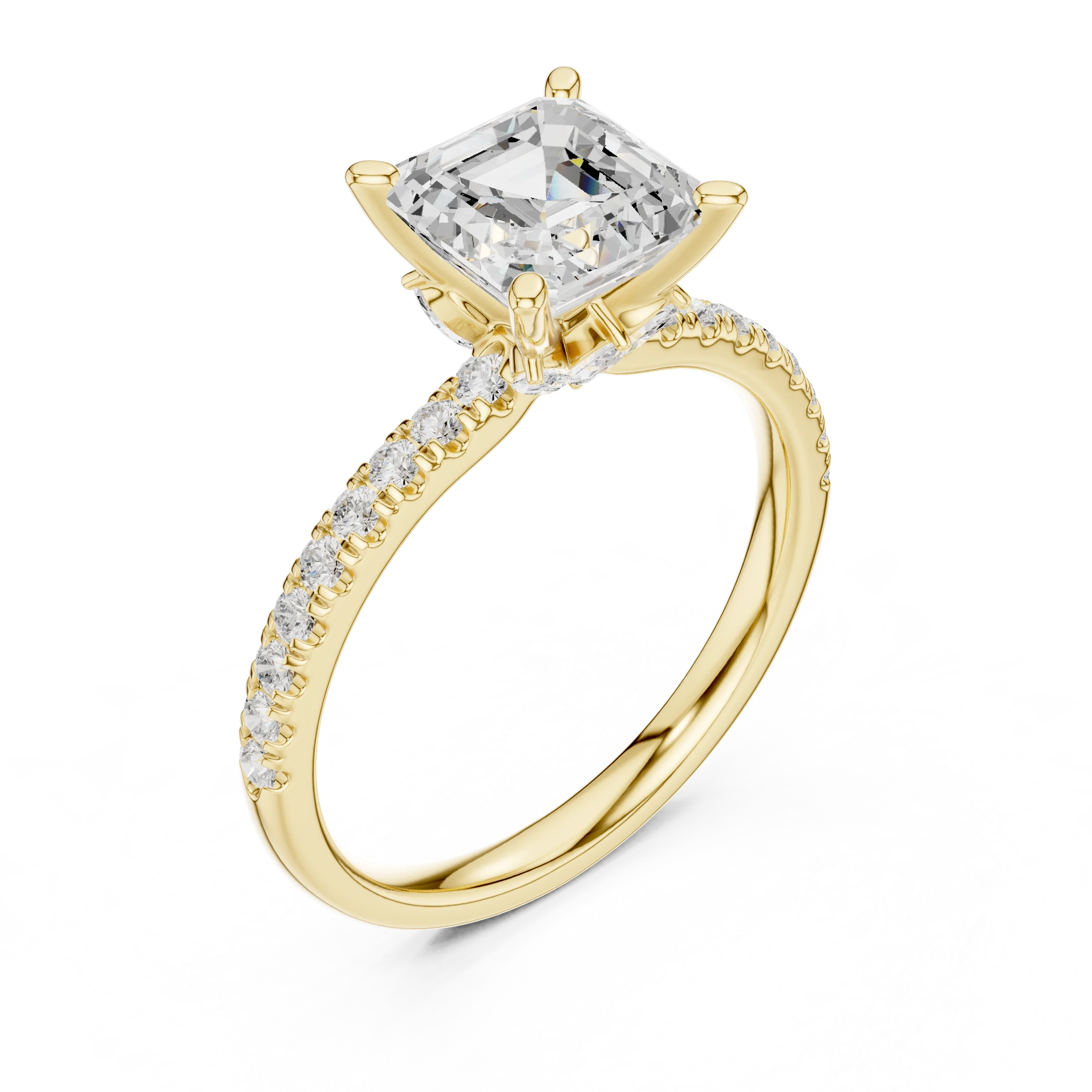 Front view of yellow gold Asscher solitaire ring with pave diamond band and lab-grown diamond – Australia
