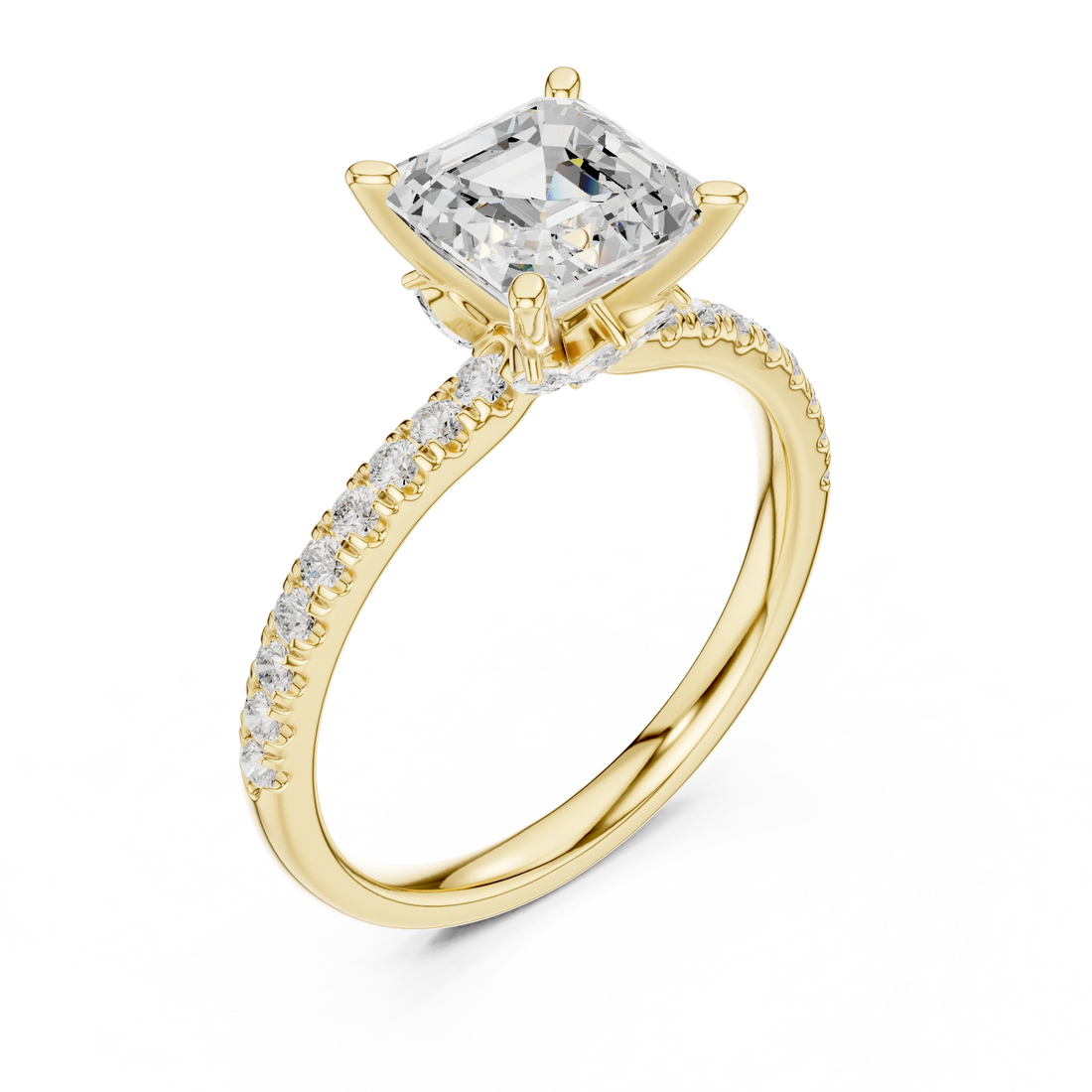 Front view of yellow gold Asscher solitaire ring with pave diamond band and lab-grown diamond – Australia
