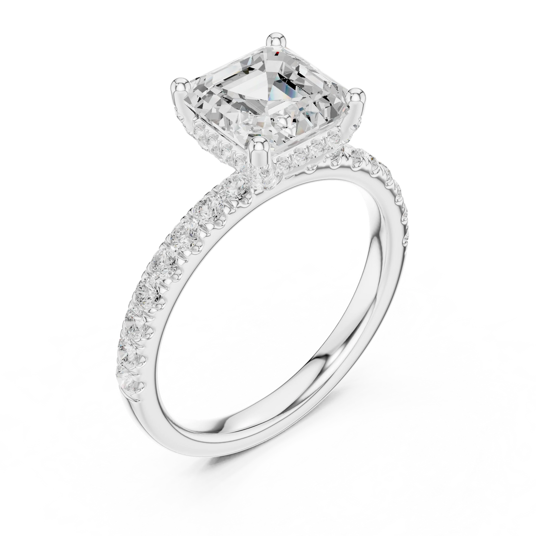 Front view of white gold Asscher cut solitaire ring with pavé diamond band and center stone