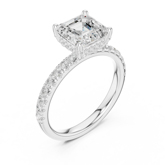 Front view of white gold Asscher cut solitaire ring with pavé diamond band and center stone