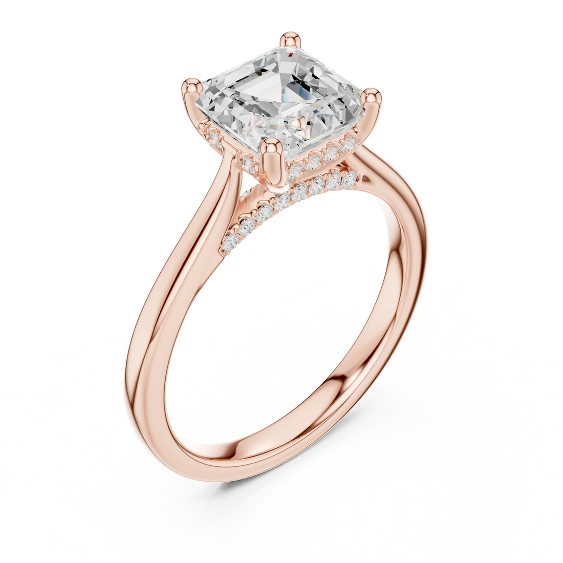 Front view of rose gold Asscher solitaire ring with plain domed band and lab-grown diamond – Australia