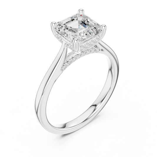 Front view of white gold Asscher solitaire ring with plain domed band and lab-grown diamond – Australia