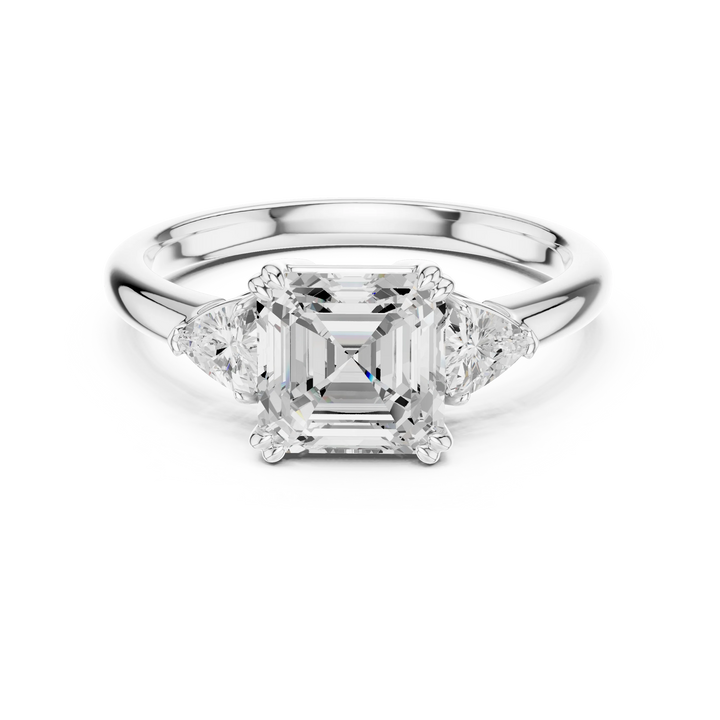 Lab-grown Asscher three-stone diamond ring in white gold with half-moon side stones