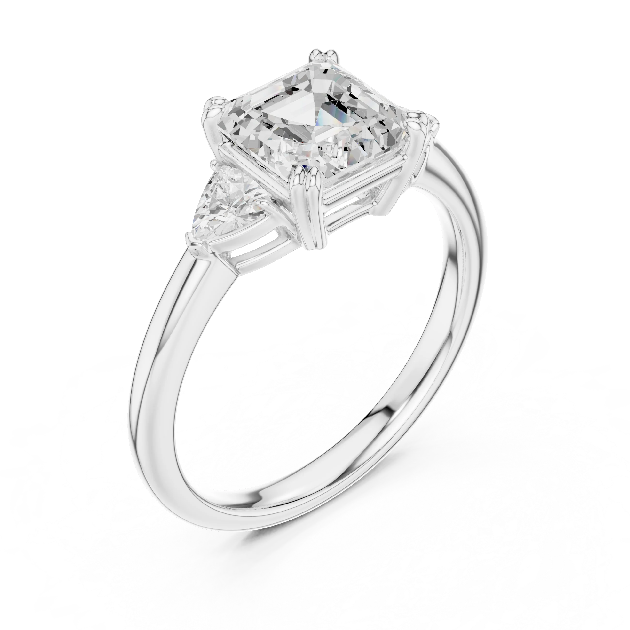 Front view of white gold Asscher three-stone ring with half-moon side stones and center diamond
