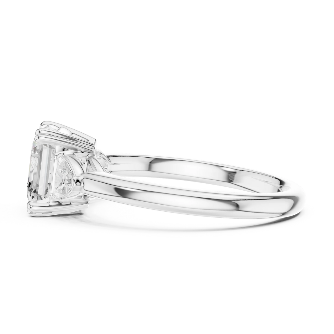 Side view of white gold Asscher three-stone ring with half-moon side stones and elevated setting