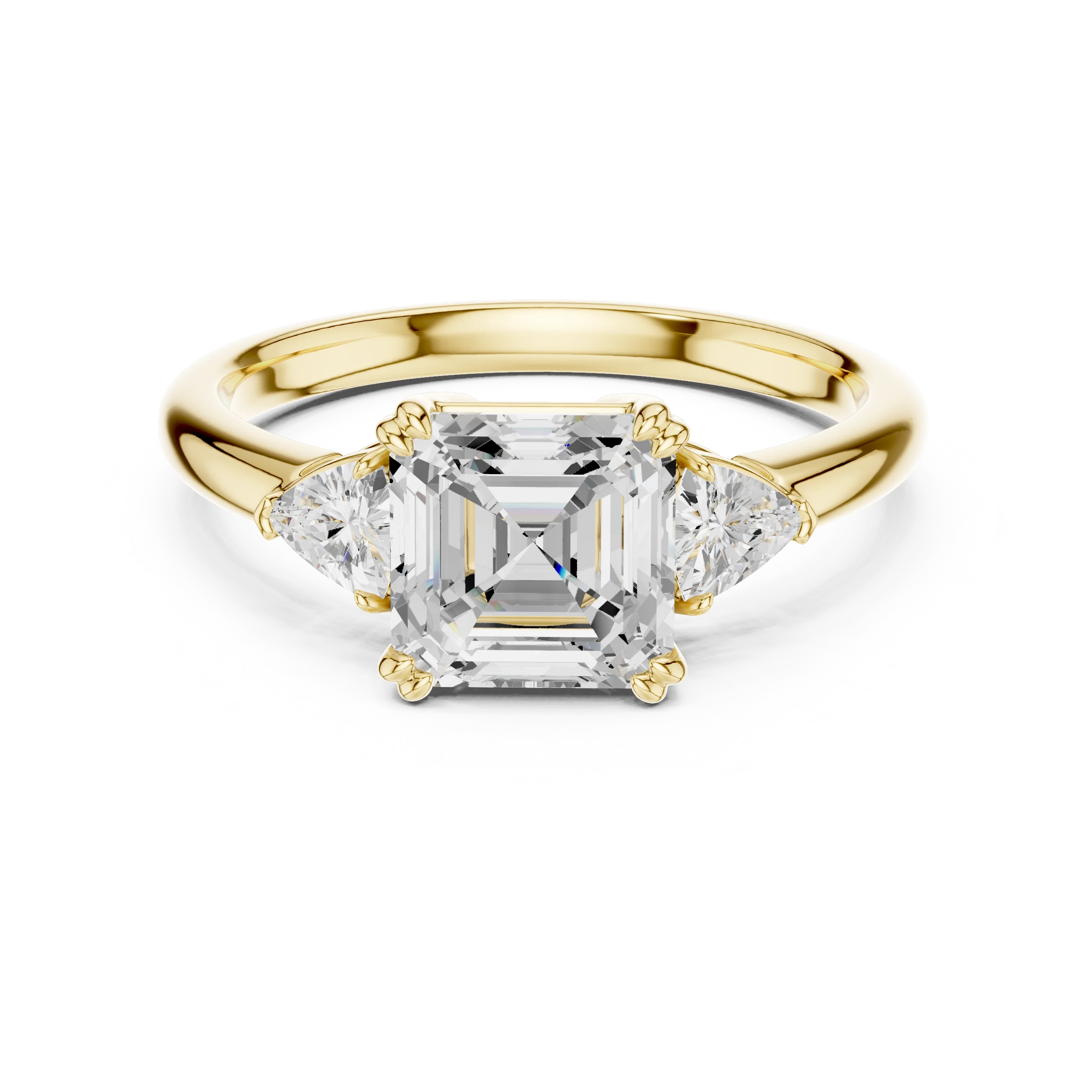 Lab-grown Asscher three-stone diamond ring in yellow gold with half-moon side stones