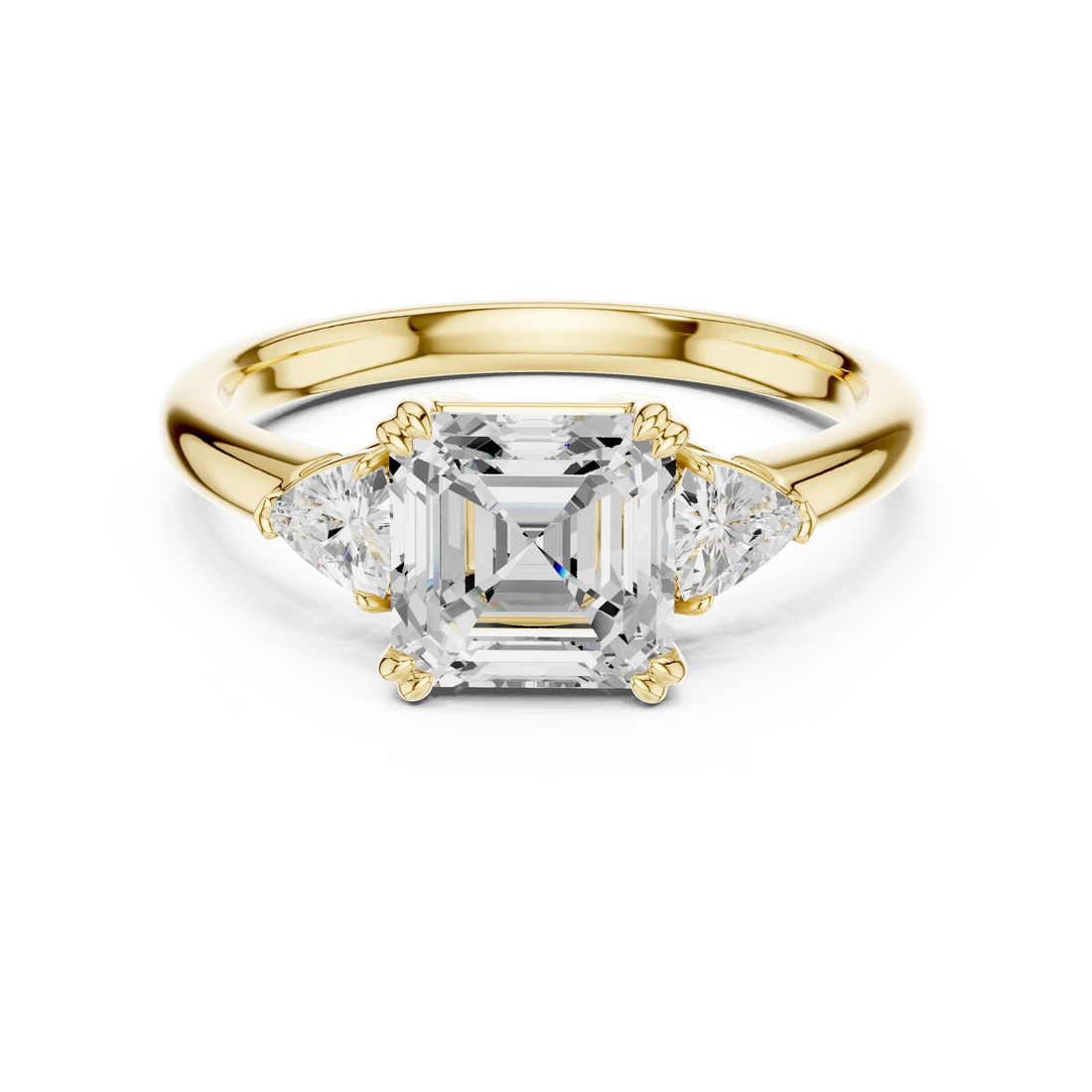 Lab-grown Asscher three-stone diamond ring in yellow gold with half-moon side stones