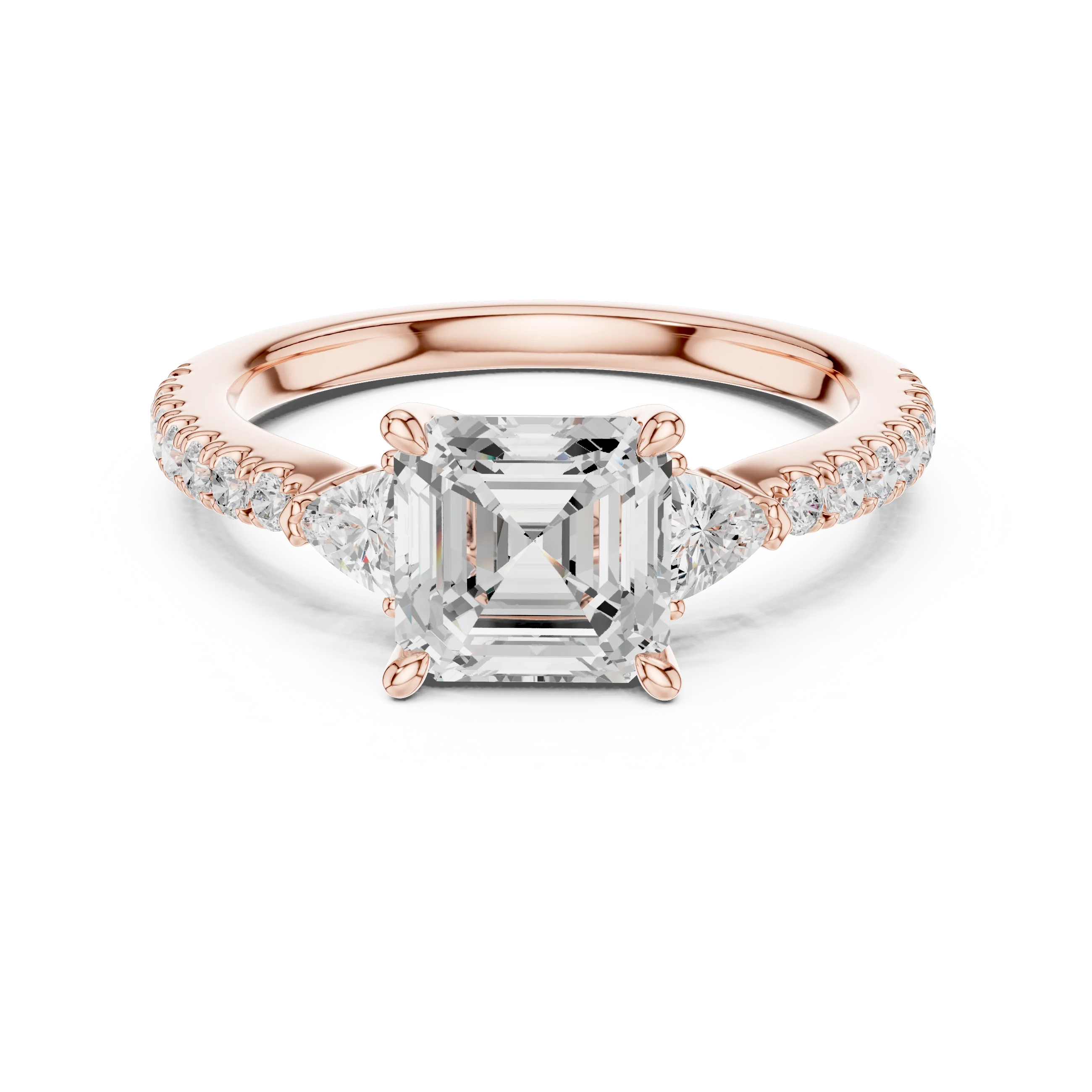 Lab-grown Asscher cut three stone diamond pave ring in rose gold, soft tone top view.