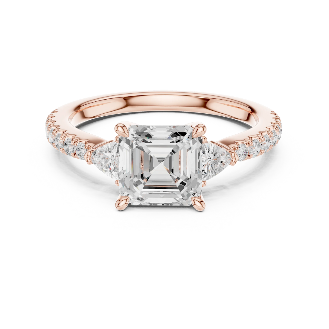 Lab-grown Asscher cut three stone diamond pave ring in rose gold, soft tone top view.