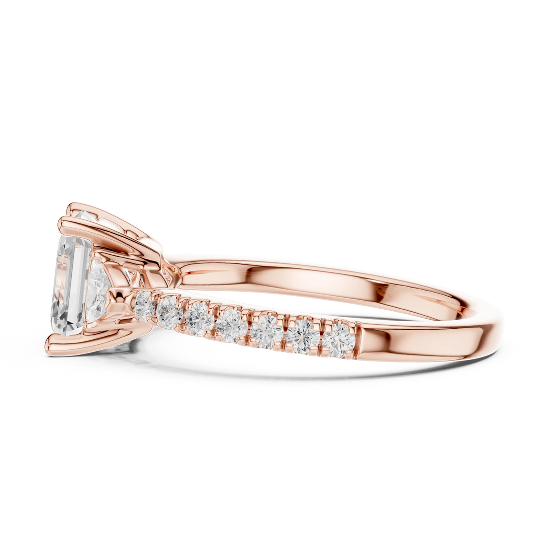 Side view of rose gold Asscher cut three stone diamond pave ring, highlighting design profile.