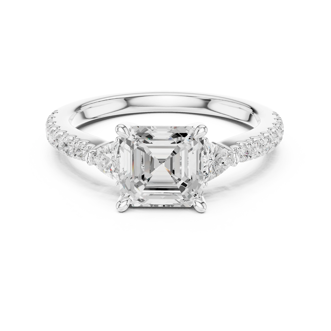 Lab-grown Asscher cut three stone diamond pave ring in white gold, elegant top view.