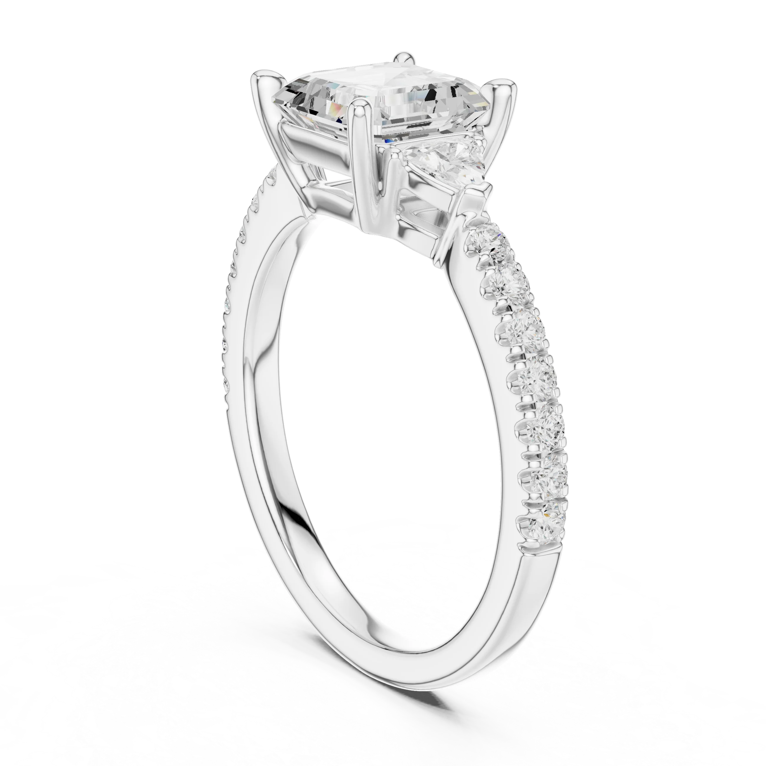 Back side view of white gold Asscher three stone diamond pave ring, showing band and setting.