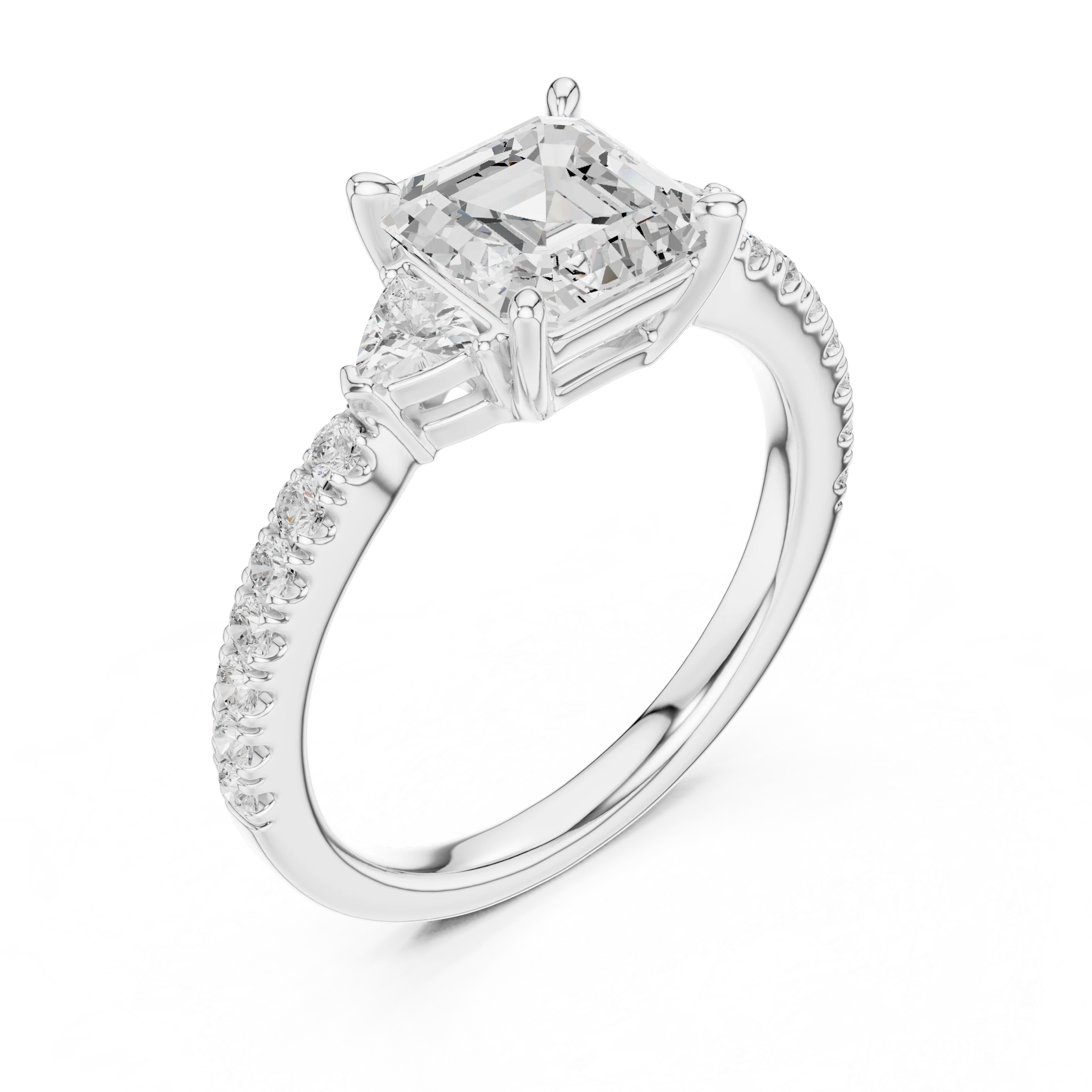 Front view of white gold Asscher cut three stone diamond pave ring, showcasing center and side stones.