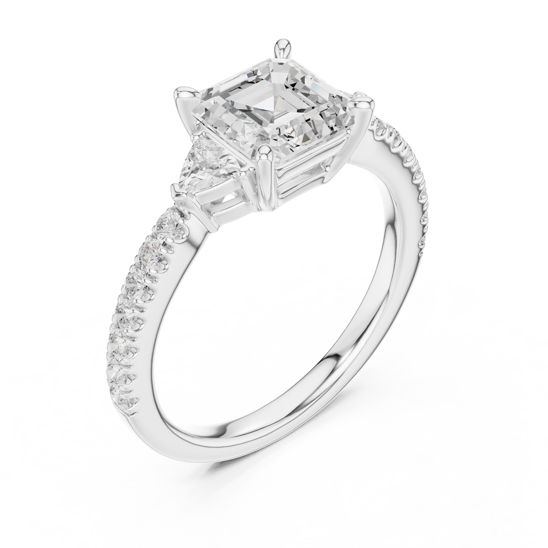 Front view of white gold Asscher cut three stone diamond pave ring, showcasing center and side stones.