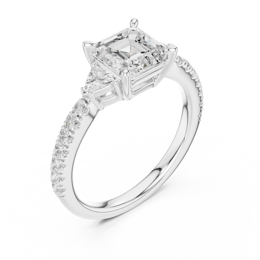 Front view of white gold Asscher cut three stone diamond pave ring, showcasing center and side stones.