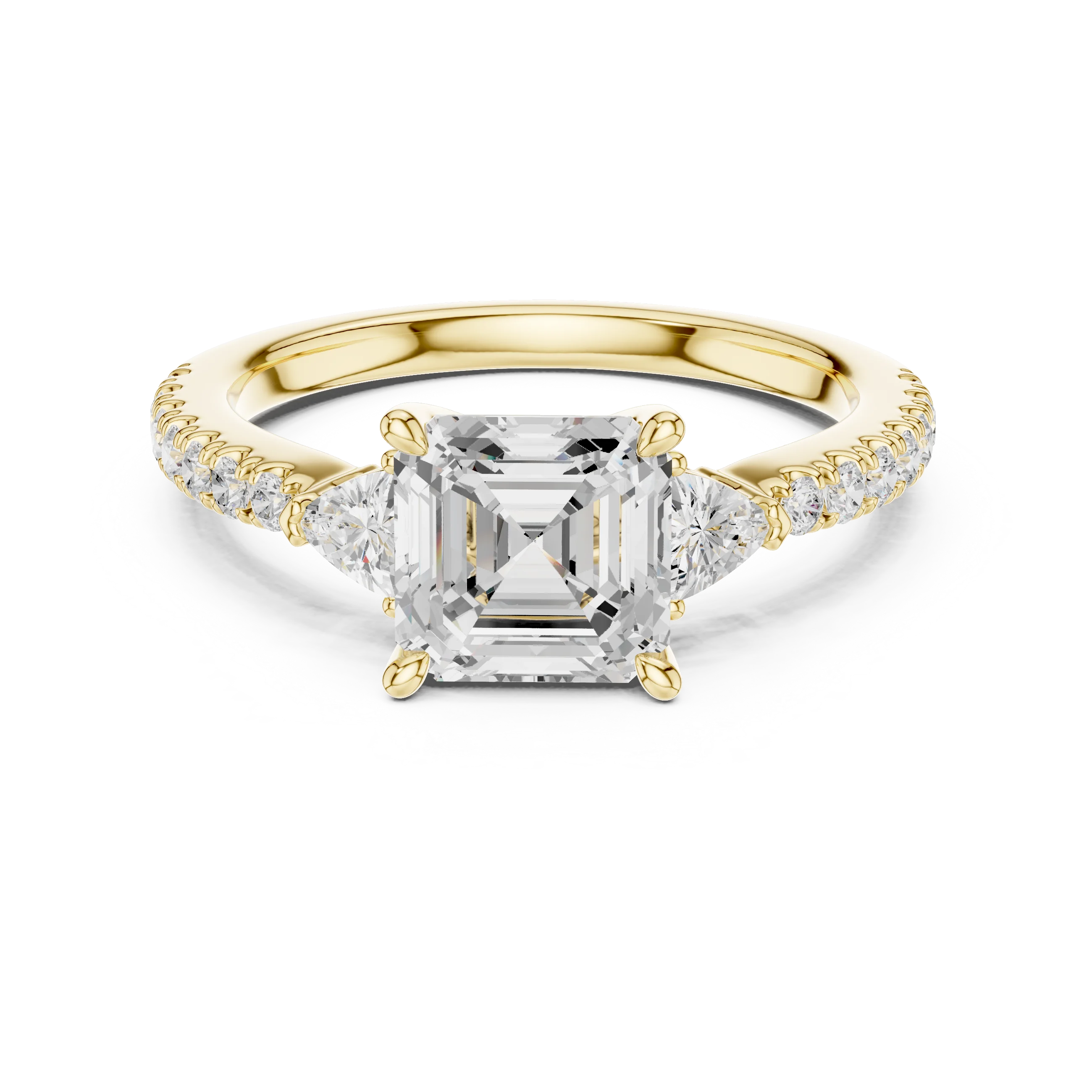 Lab-grown Asscher cut three stone diamond pave ring in yellow gold, classic top view.