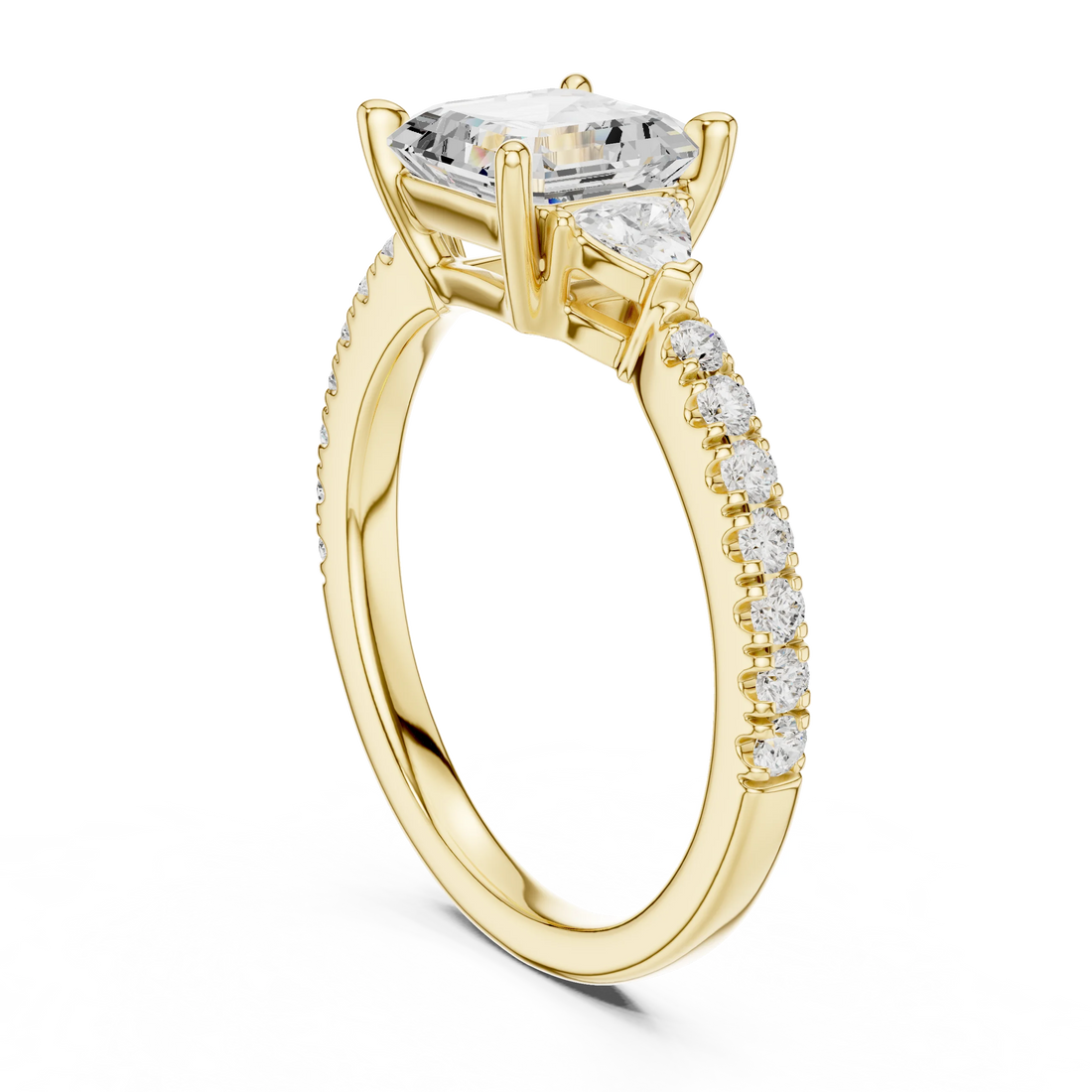 Back side view of yellow gold Asscher three stone diamond pave ring, showing band structure.