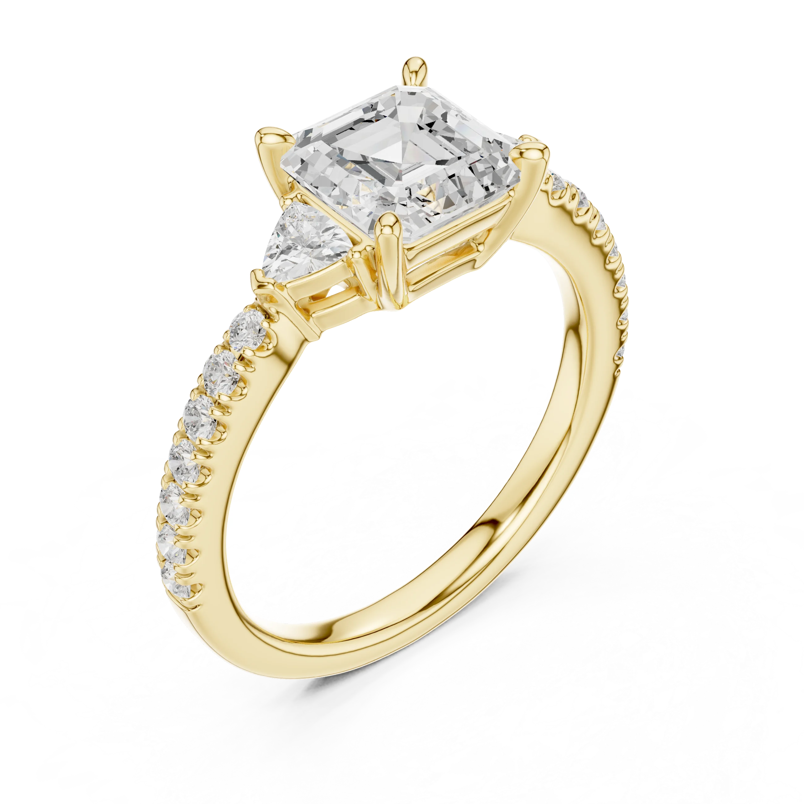 Front view of yellow gold Asscher three stone diamond pave ring, emphasizing geometric cut and brilliance.