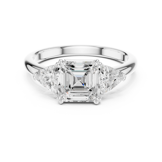 Asscher three-stone ring in white gold with trillion cut side stones and lab-grown diamond – Australia