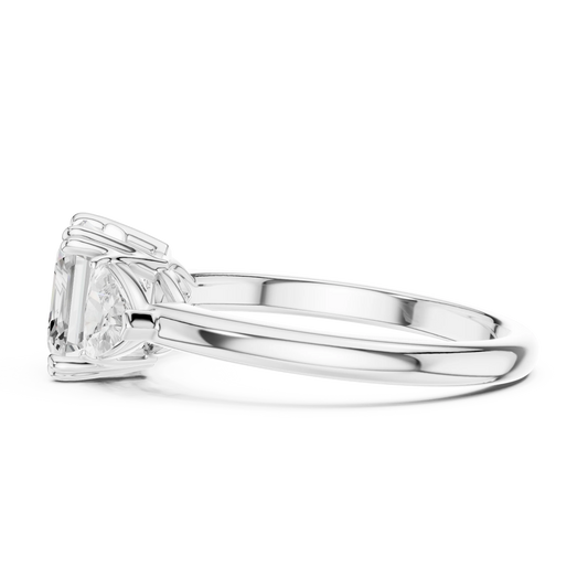 Side view of white gold asscher three-stone ring with trillion cut side stones and lab-grown diamond – Australia
