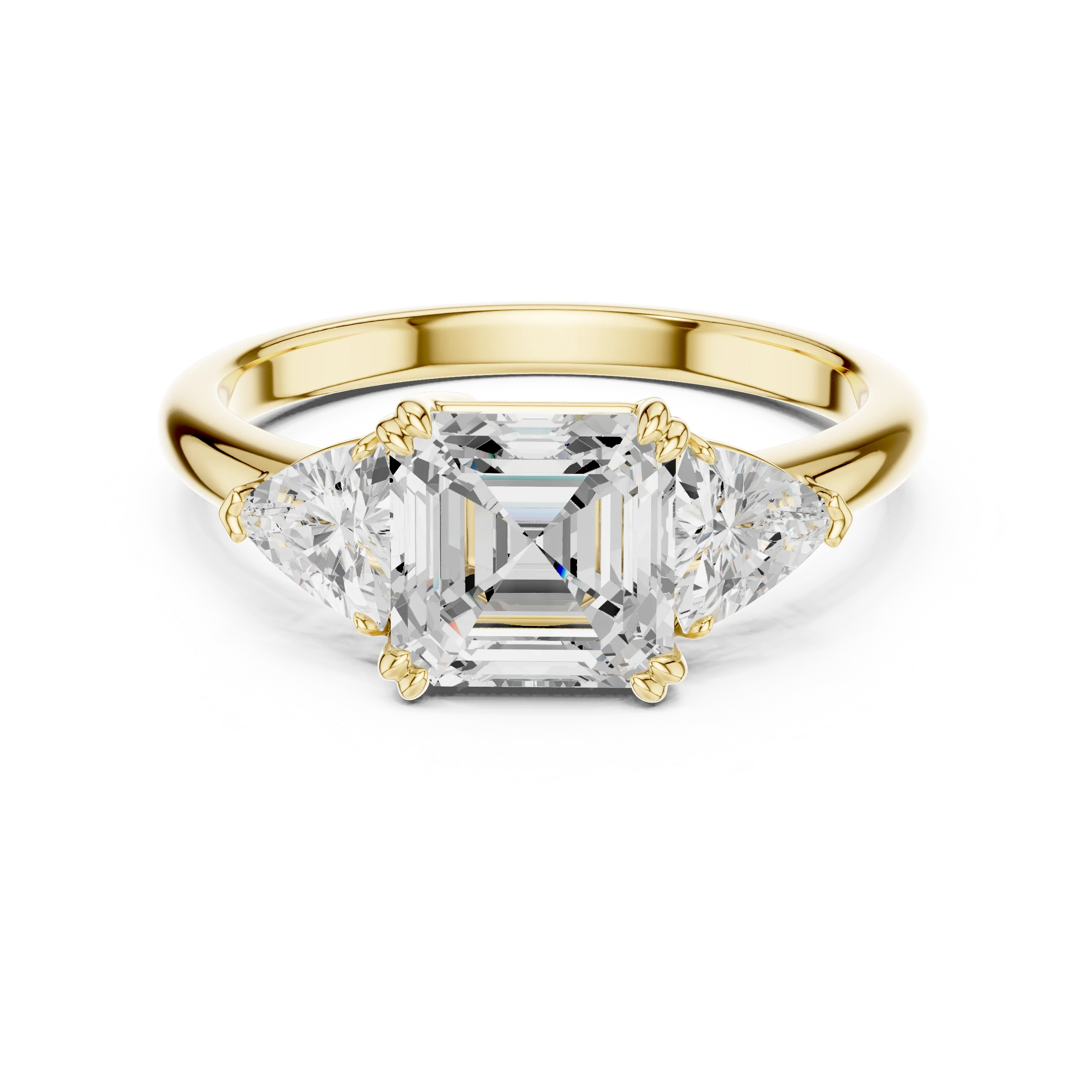 Asscher three-stone ring in yellow gold with trillion cut side stones and lab-grown diamond – Australia