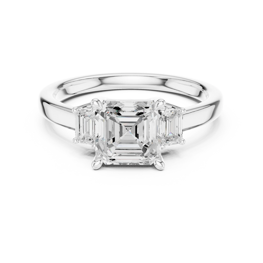 Lab-grown Asscher cut three stone diamond ring in white gold, elegant top view