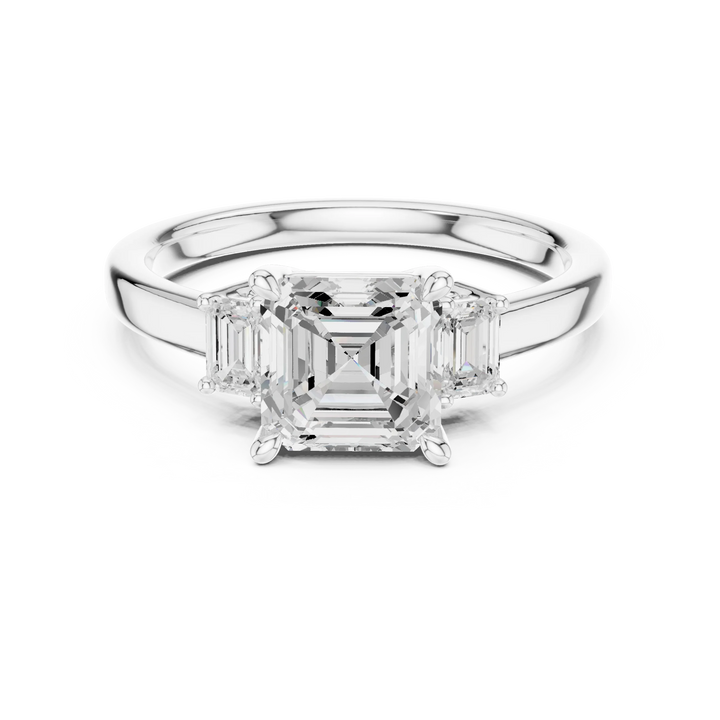 Lab-grown Asscher cut three stone diamond ring in white gold, elegant top view