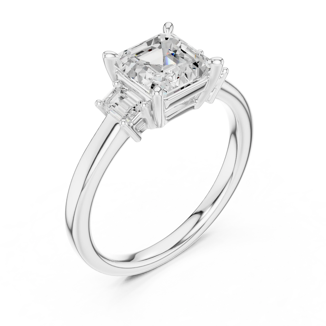 Front view of white gold Asscher cut three stone diamond ring, showcasing center and side stones.