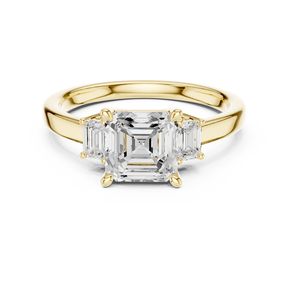Lab-grown Asscher cut three stone diamond ring in yellow gold, classic top view