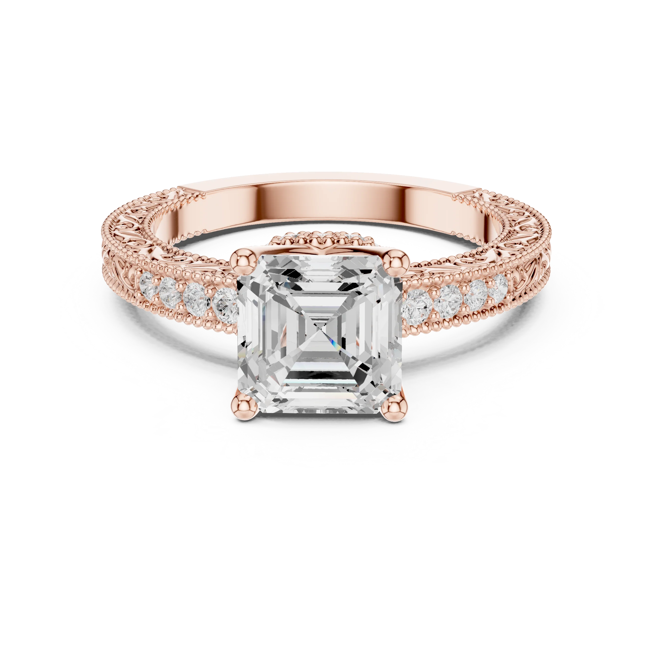 Asscher vintage filigree ring in rose gold with milgrain, channel set diamond band and lab-grown diamond – Australia