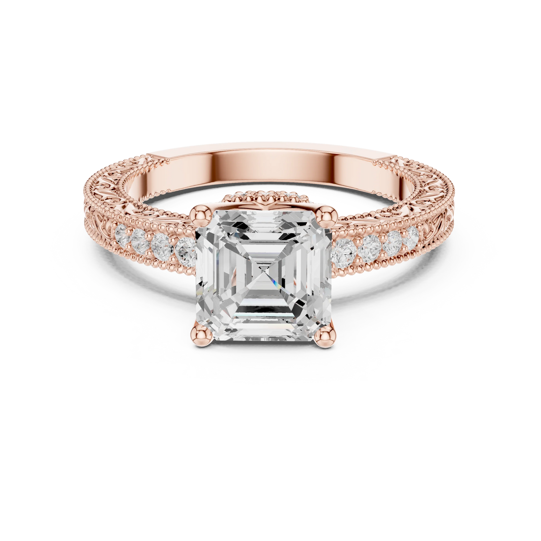 Asscher vintage filigree ring in rose gold with milgrain, channel set diamond band and lab-grown diamond – Australia