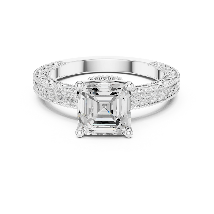 Asscher vintage filigree ring in white gold with milgrain, channel set diamond band and lab-grown diamond – Australia