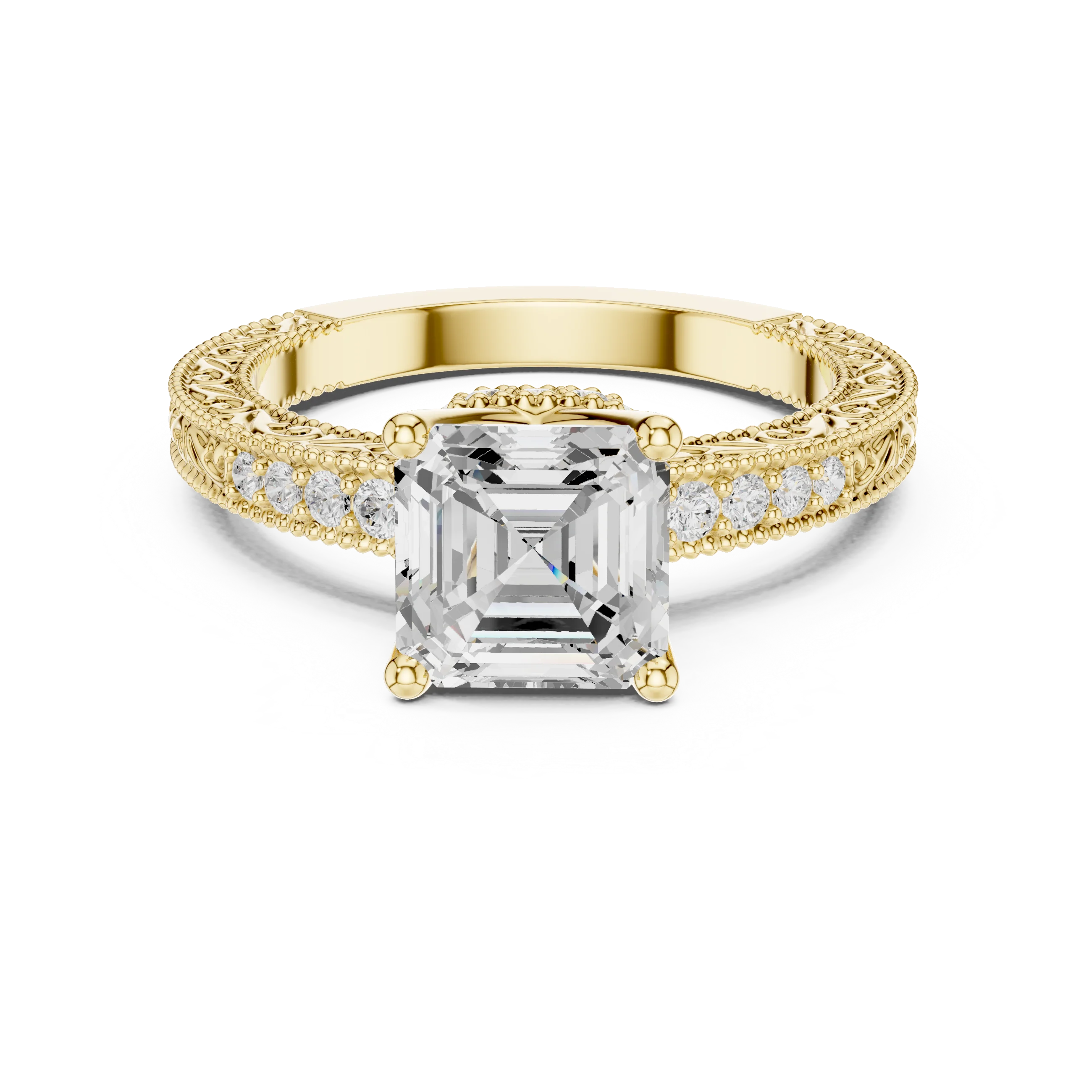 Asscher vintage filigree ring in yellow gold with milgrain, channel set diamond band and lab-grown diamond – Australia