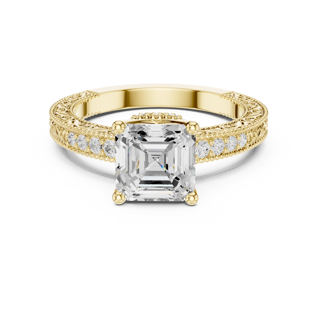 Asscher vintage filigree ring in yellow gold with milgrain, channel set diamond band and lab-grown diamond – Australia