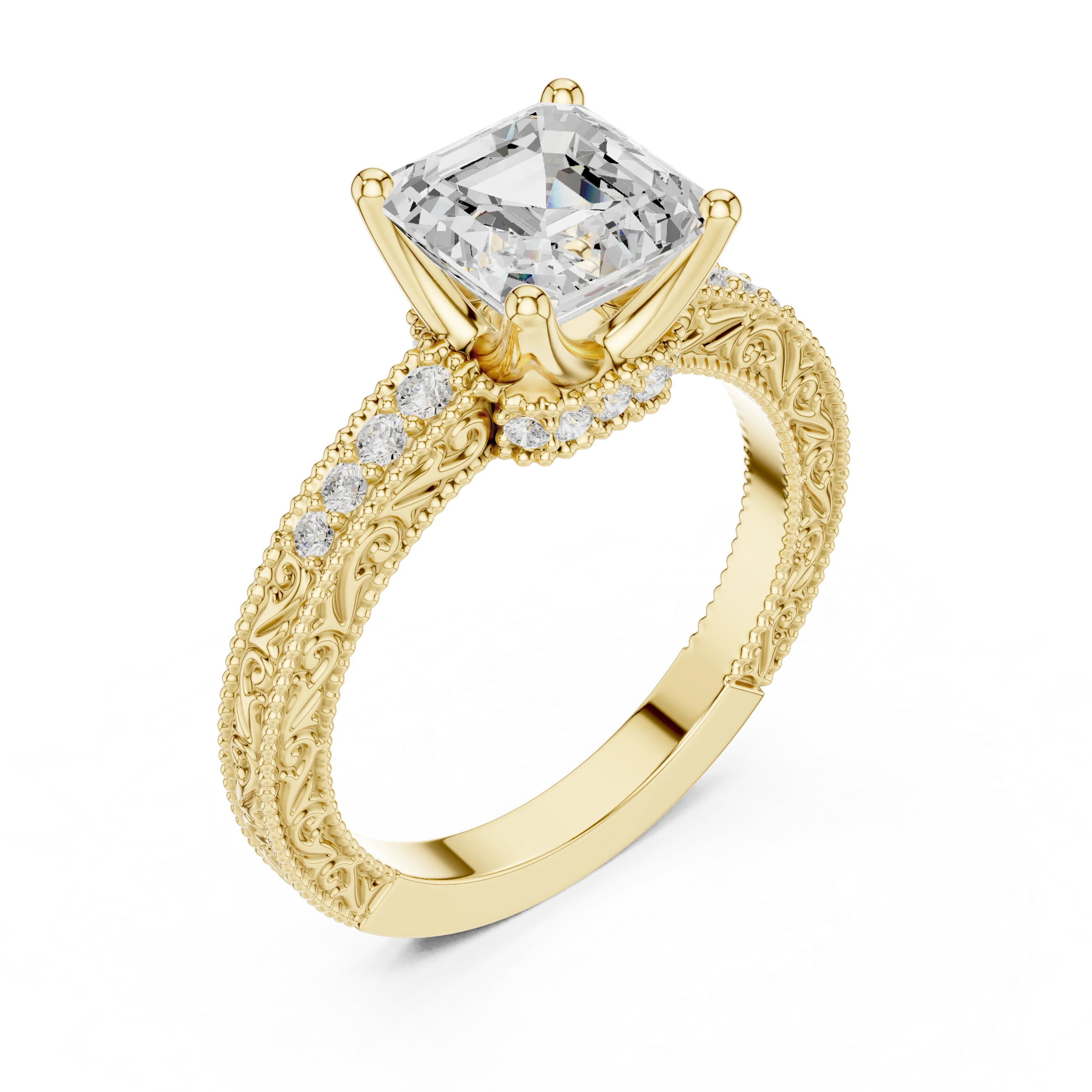 Front view of yellow gold Asscher vintage filigree ring with milgrain, channel set diamond band and lab-grown diamond – Australia