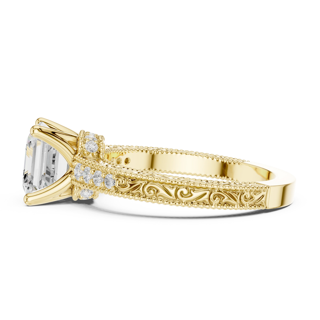 Side view of yellow gold Asscher vintage filigree ring with milgrain, channel set diamond band and lab-grown diamond – Australia