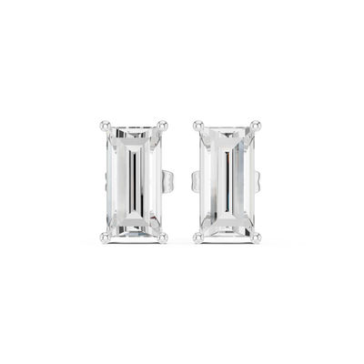 Pair of emerald-cut stud earrings on a white background