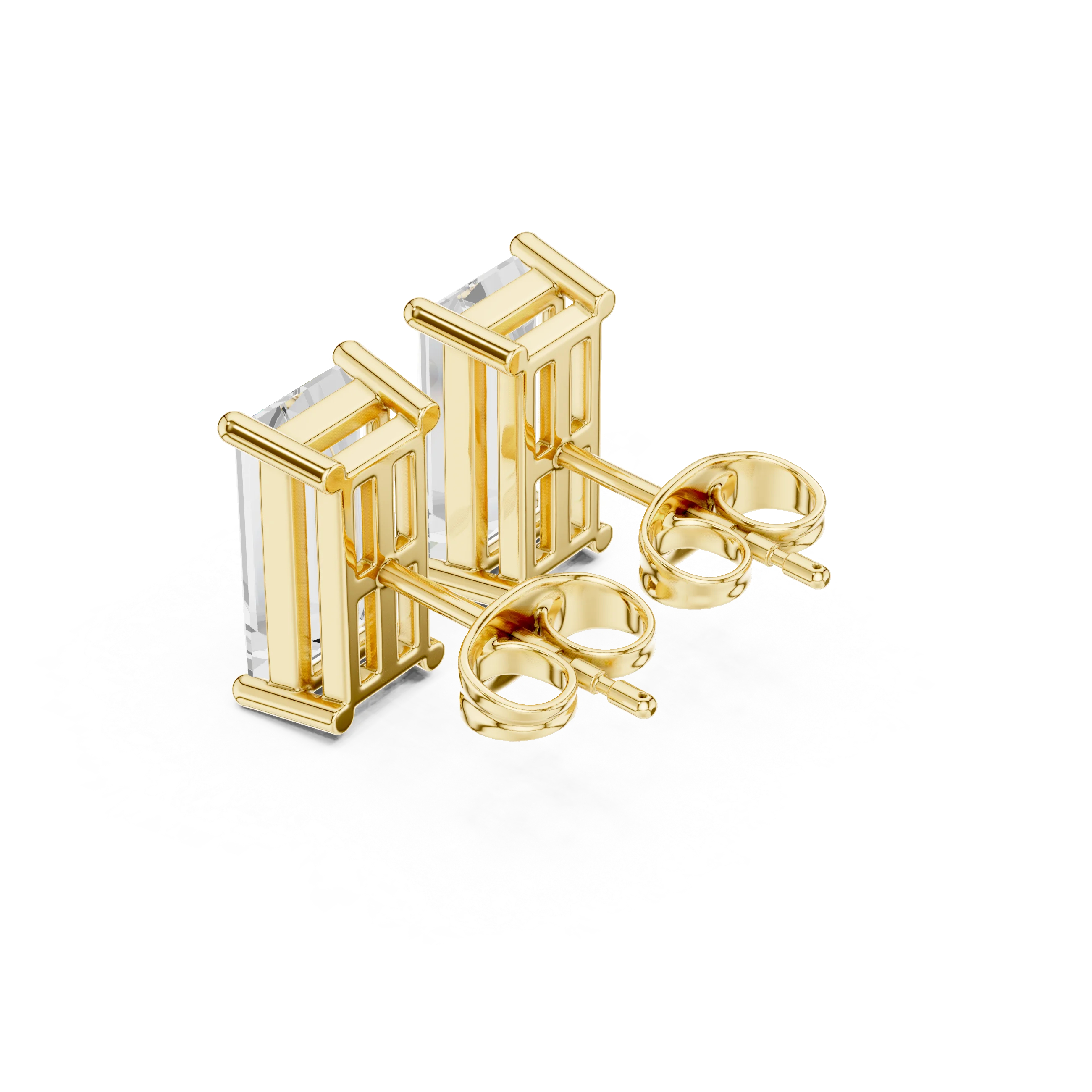 Baguette cut lab grown diamond stud earrings in yellow gold back side view by Diamonds for Everyone Australia