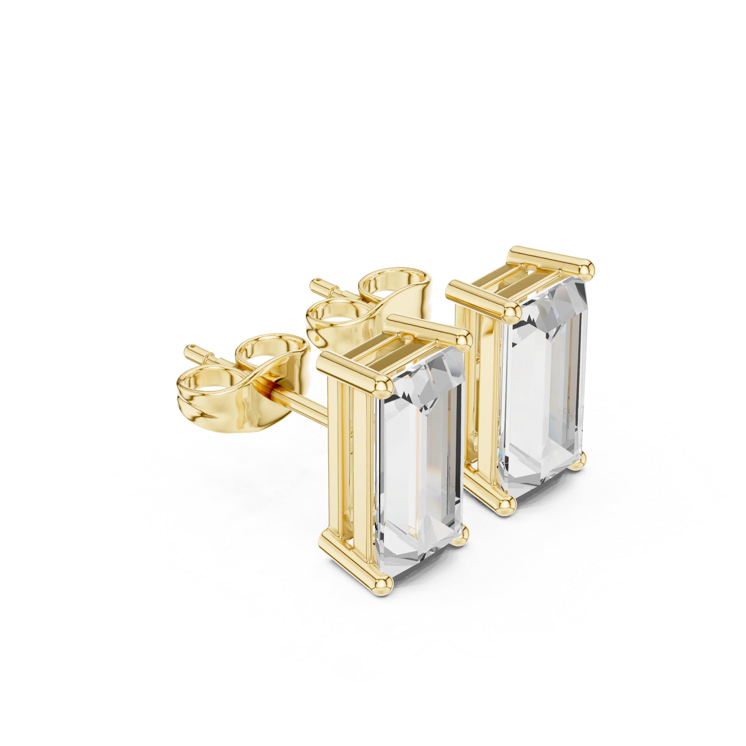 Baguette cut lab grown diamond stud earrings in yellow gold front view by Diamonds for Everyone Australia