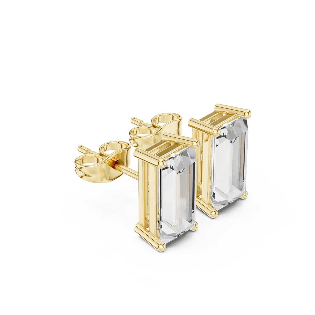 Baguette cut lab grown diamond stud earrings in yellow gold front view by Diamonds for Everyone Australia