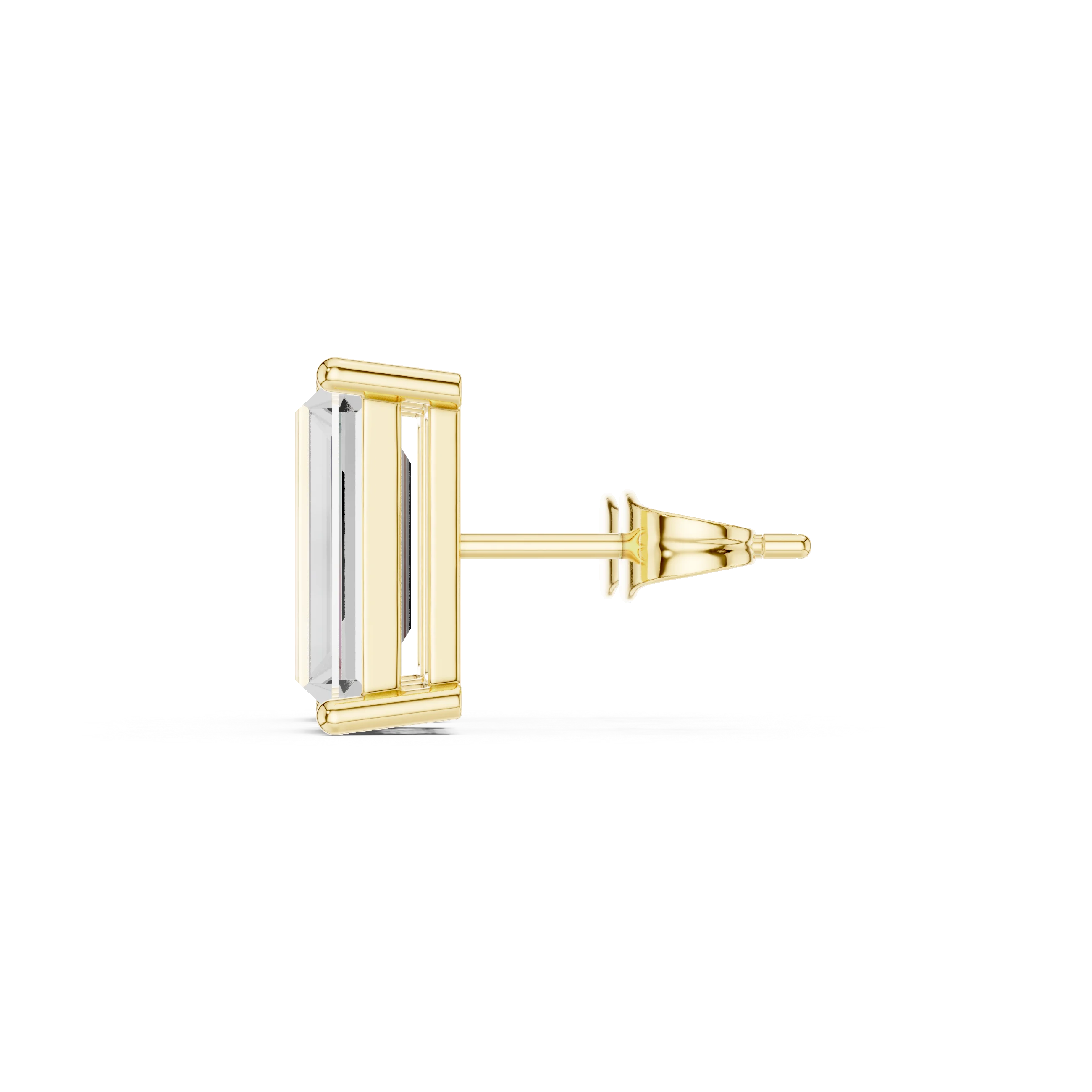 Baguette cut lab grown diamond stud earrings in yellow gold side view by Diamonds for Everyone Australia