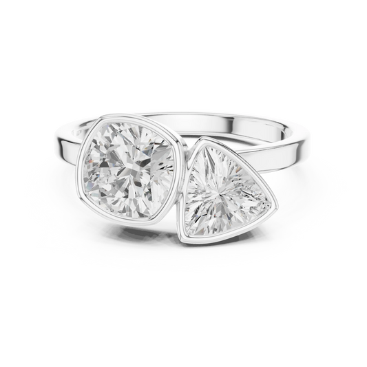 Bezel Toi et Moi white gold ring with cushion and trillion lab-grown diamonds