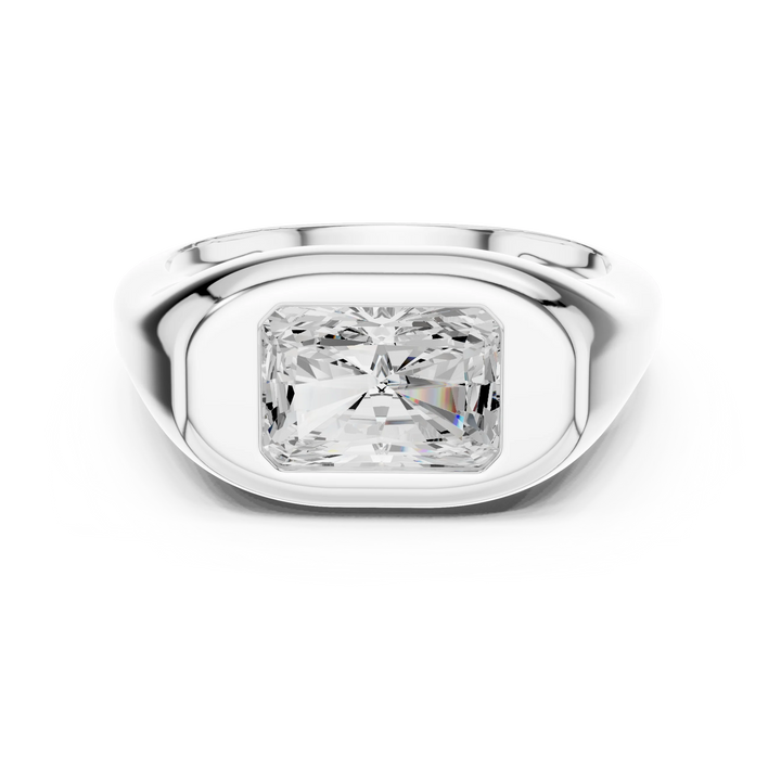 Lab-grown radiant cut bezel set signet ring in white gold, sleek top view