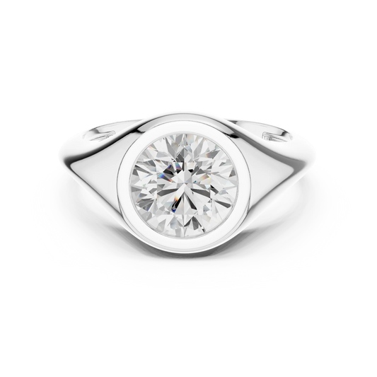 Lab-grown round cut bezel set signet ring in white gold, sleek top view