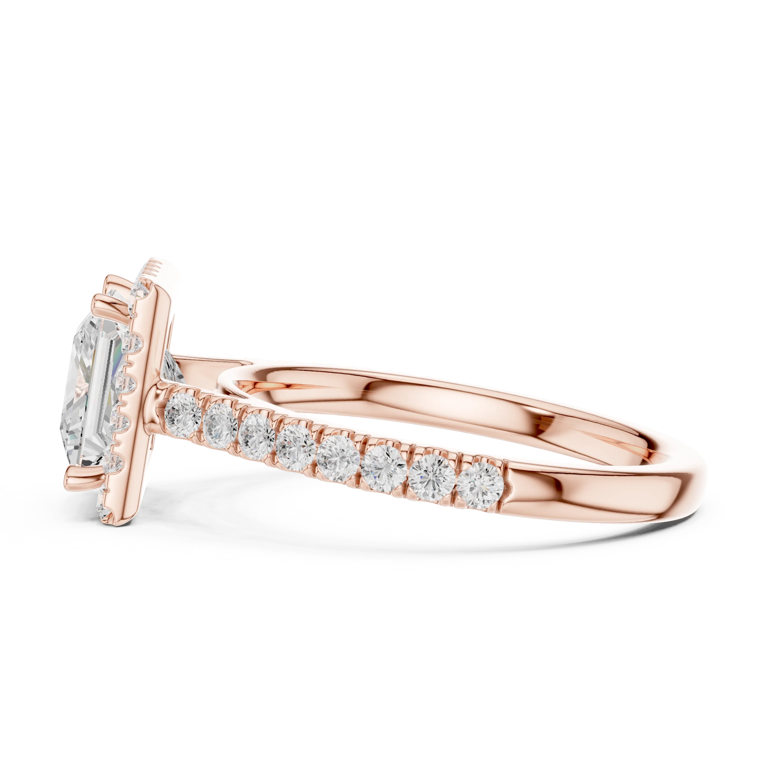Side view of rose gold princess cut diamond ring with brilliant halo highlighting elegant band and raised center stone