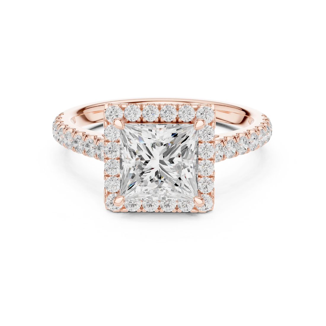 Rose gold brilliant halo princess cut diamond ring with lab-grown center stone surrounded by halo diamonds, romantic modern design