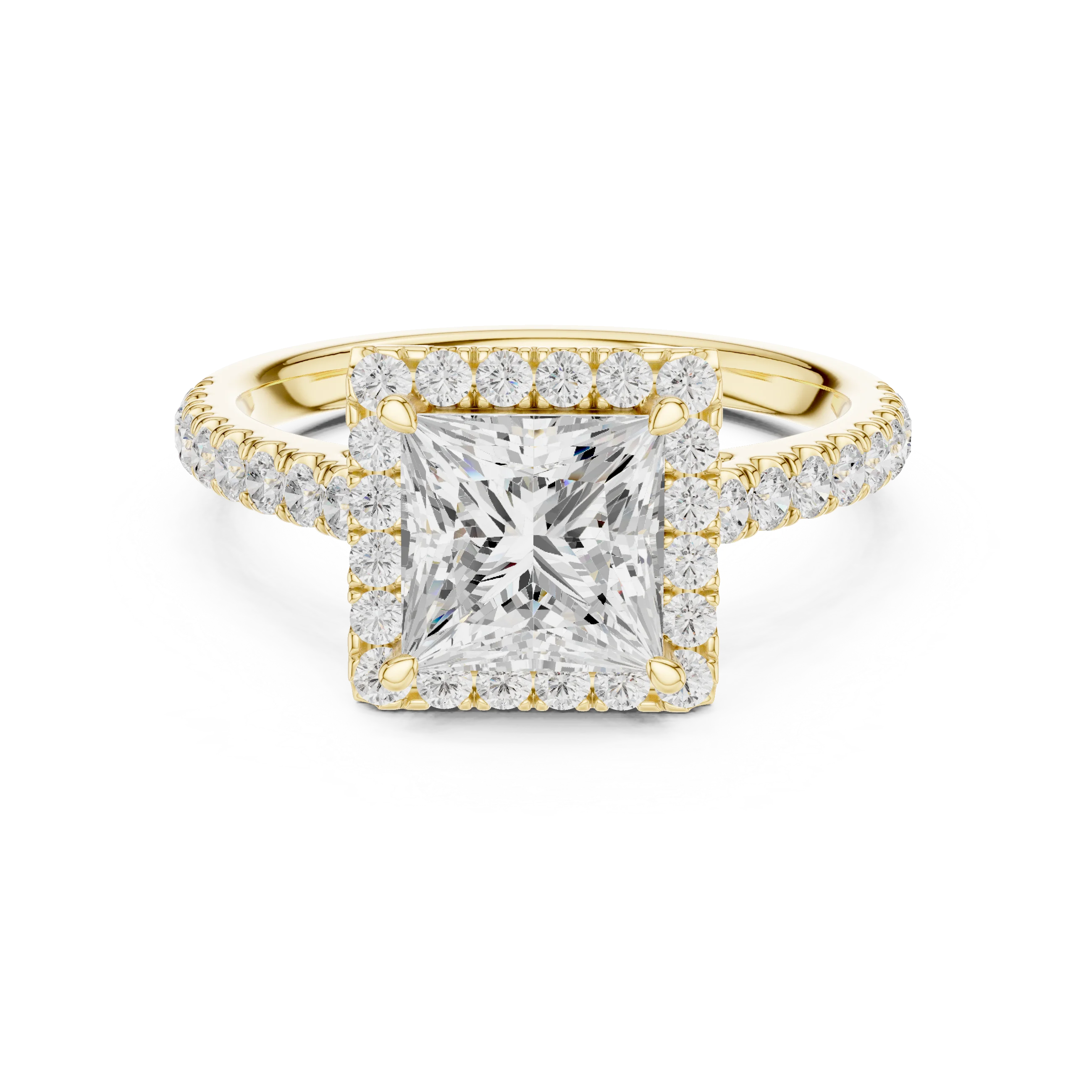 Yellow gold brilliant halo princess cut diamond ring with lab-grown center stone encircled by halo diamonds, classic bold style